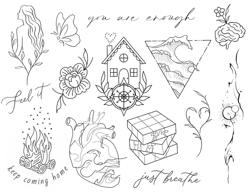 Mental health tattoo flash artwork with affirmations and line drawings